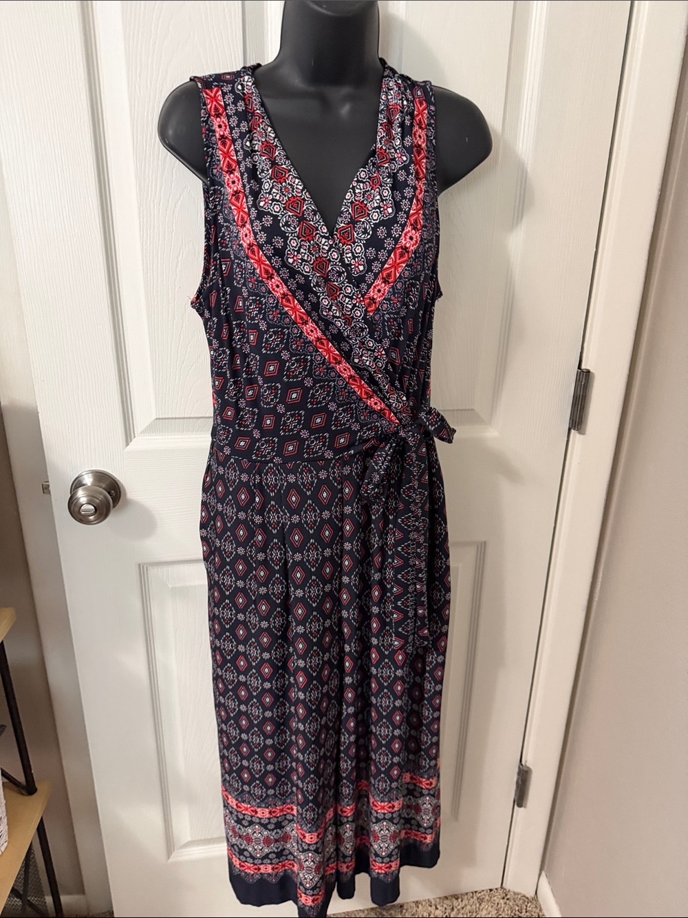 Sleeveless Navy & Pink Printed Wrap Dress